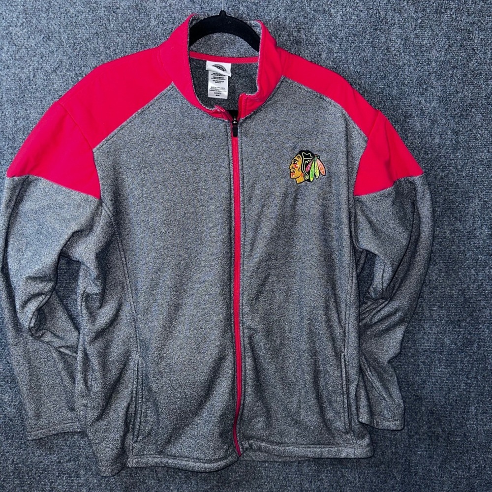 NHL Chicago Blackhawks Mens XL Full Zip Fleece Jacket Gray Red Colorblock Hockey